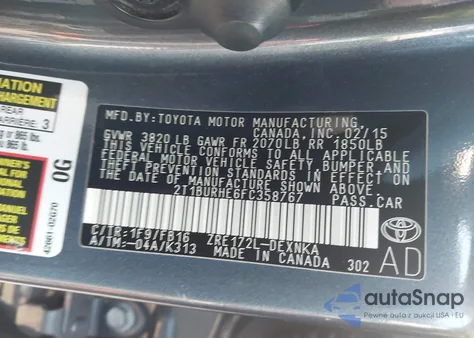 2015 Toyota Corolla Le from USA, damaged, VIN 2T1BURHE6FC358767